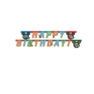 Faixa decorativa Merry Birthday com letras coloridas e padrão de pontos com orelhas de rato nas extremidades