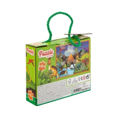 Caixa verde de puzzle infantil com tema de dinossauros e cabo de corda verde