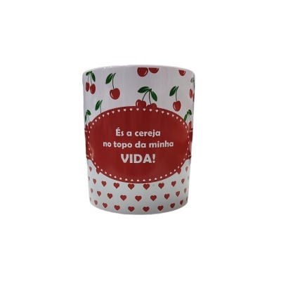 Caneca branca com padrão de cerejas e texto no centro em fundo vermelho.
