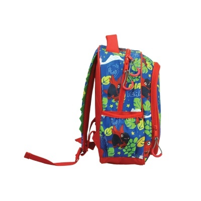 Mochila infantil azul e vermelha com padrão de dinossauros e folhas