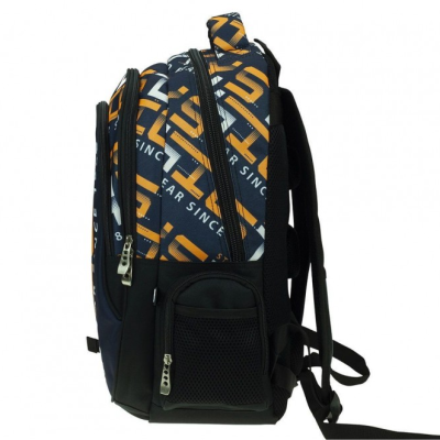 Mochila colorida com vários compartimentos e bolso frontal de rede