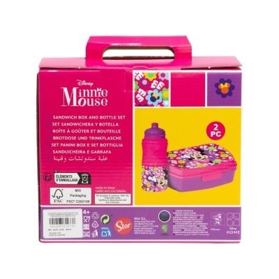 Conjunto Disney Minnie Mouse com caixa de sanduíche e garrafa rosa e púrpura com padrões florais