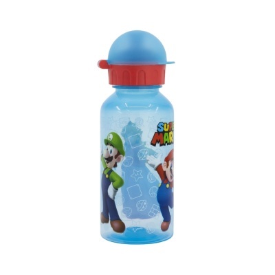 Garrafa azul de plástico com personagens Super Mario Luigi e Mario