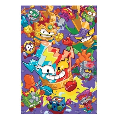 Imagem colorida de personagens animados e traços de quadrinhos sobre fundo roxo