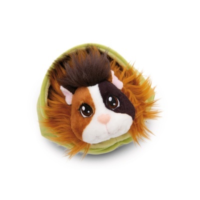 Pelúcia de cabeça de porquinho-da-índia castanha, branca e preta num suporte verde