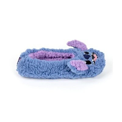 Pantufa felpuda azul com personagem Stitch e interior lilás