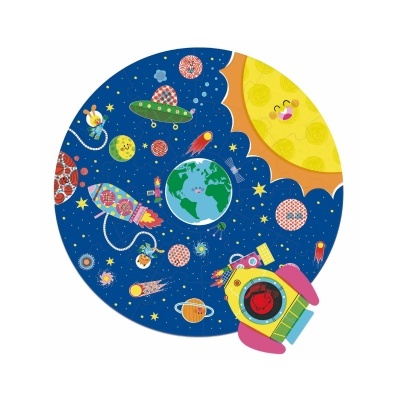 Quebra-cabeças redondo colorido com tema espacial e planetas sorridentes