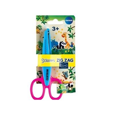 Tesoura infantil azul e rosa com lâmina zig zag na embalagem com animais
