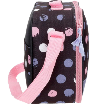 Bolsa infantil preta com padrão de bolinhas rosa, branco e azul e alça cor-de-rosa