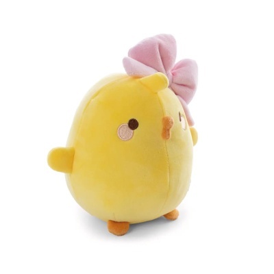 Pelúcia amarela de pintainho com laço rosa e olhos bordados
