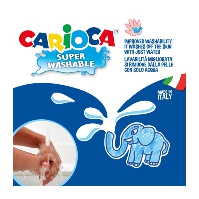 Rótulo CARIOCA SUPER WASHABLE com elefante azul e lavagem das mãos
