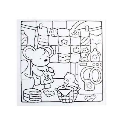 Desenho de rato e pato em lavandaria com máquina de lavar e roupa