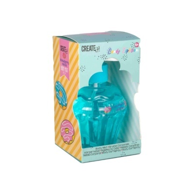 Body mist azul em embalagem de cupcake dentro de caixa colorida com donuts e texto
