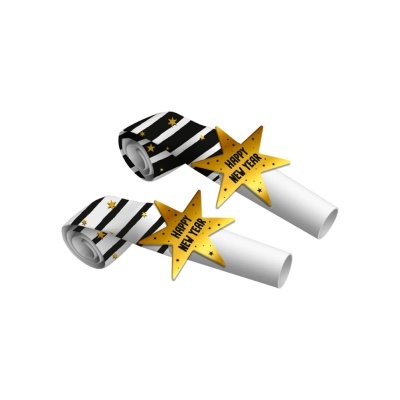 Dois cornos de festa com tema Ano Novo em preto, branco e dourado