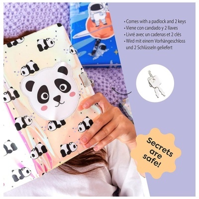 Caderno ou diário holográfico com pandas e fecho metálico