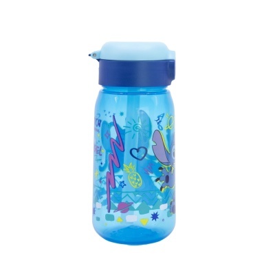 garrafa azul transparente com tampa azul e estampas coloridas