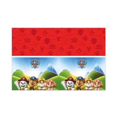 Toalha de mesa infantil com personagens da Patrulha Pata e fundo vermelho com padrões