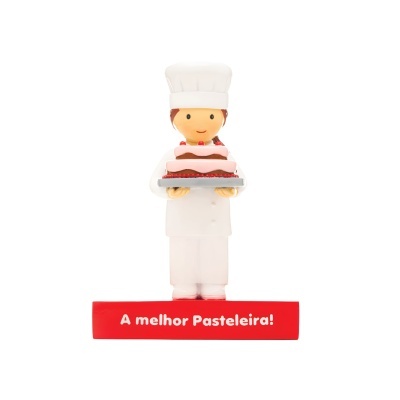 Figura decorativa pasteleira com bolo e base vermelha com texto
