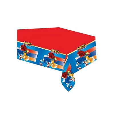 Toalha de mesa vermelha e azul com personagens Sonic e texto oficial