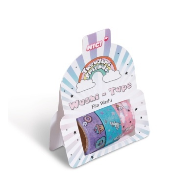 Três rolos de fita washi colorida em suporte com texto e estrelas.