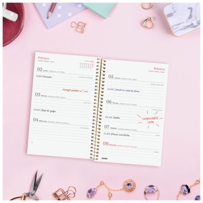 Agenda semanal aberta com anotações e acessórios em superfície rosa