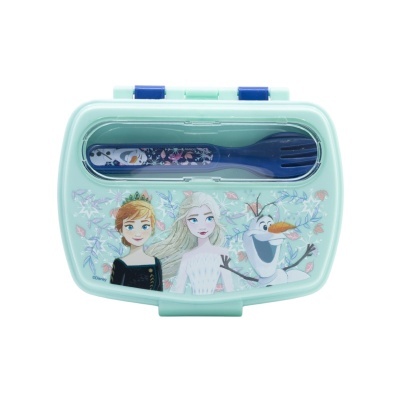 Marmita azul claro com personagens Frozen e talheres incluídos