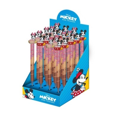 Canetas rosa com personagem Minnie no topo em caixa azul Disney Mickey and Friends