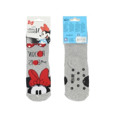 meias cinza com desenho da Minnie Mouse e etiquetas de papel