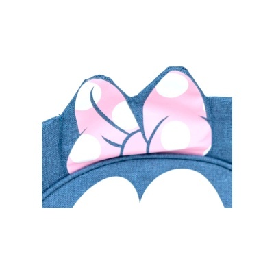 Faixa de cabeça azul com laço rosa e bolinhas brancas