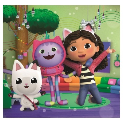 Três personagens animados numa sala colorida com decoração alegre e moderna