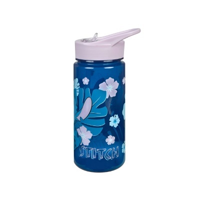 Garrafa de água azul com tampa rosa e decoração de flores e personagem