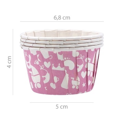 Forinhas para cupcakes cor-de-rosa com padrões brancos de temas infantis.