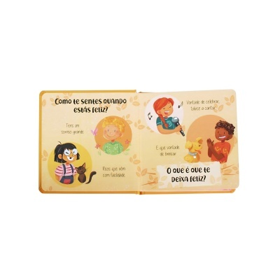 Livro infantil aberto com ilustrações de crianças e texto em português sobre sentimentos de felicidade