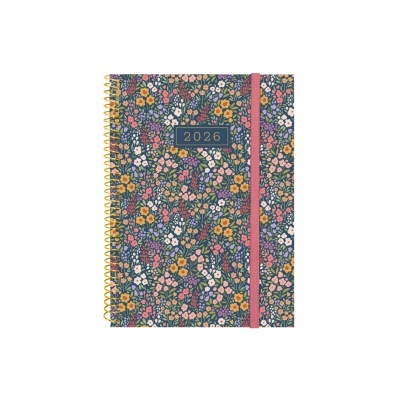 Agenda 2026 com capa floral colorida e espiral dourada