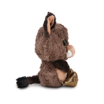 Pelúcia animal castanha com olhos verdes e patas douradas