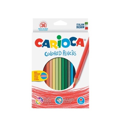 Estojo de 36 lápis de cor CARIOCA com várias cores visíveis e embalagem branca