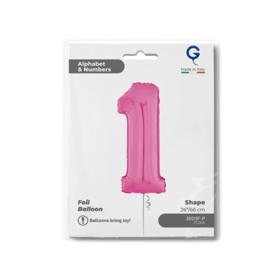 Balão metálico cor de fúcsia número 1 em embalagem branca com texto e selo Made in Italy