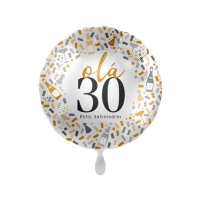 Balão metálico branco com texto de 30 anos e decorações festivas douradas e cinzentas