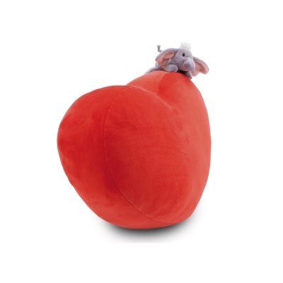 Almofada vermelha em formato de coração com pelúcia de elefante cinza