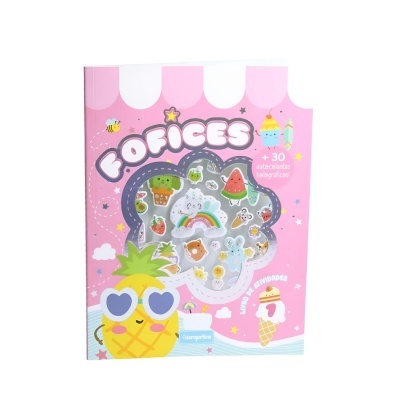 Livro de atividades infantil cor-de-rosa com autocolantes holográficos e desenhos coloridos