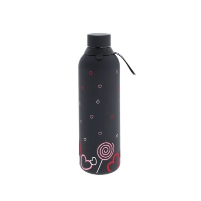 Garrafa preta com corações coloridos e desenhos de pirulitos