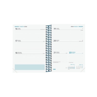 Agenda semanal aberta a mostrar datas de 16 a 22 de março de 2026 com espiral azul