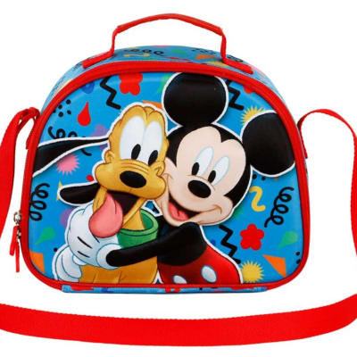 Mala térmica infantil com personagens Mickey Mouse e Pluto em fundo azul