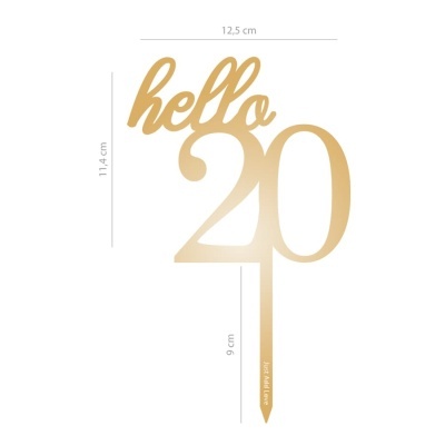 Figura decorativa dourada com as palavras hello 20 e Just Add Love