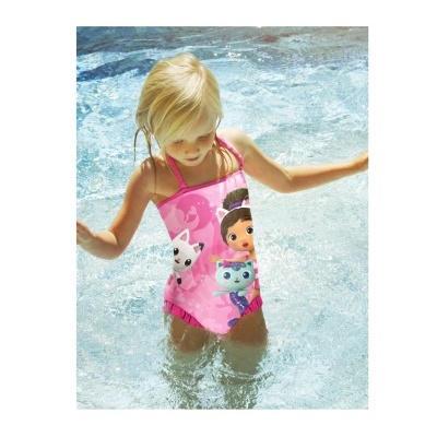 Fato de banho rosa para criança com personagens de desenhos animados, menino loira na piscina