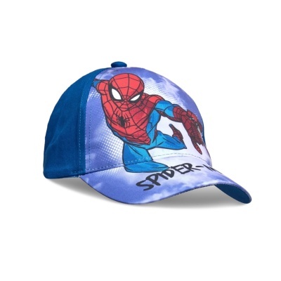 Boné infantil azul com imagem do Homem-Aranha e texto 'SPIDER'