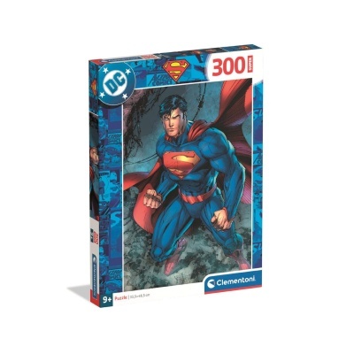 Caixa de puzzle com imagem do Superman e texto de informações do produto.