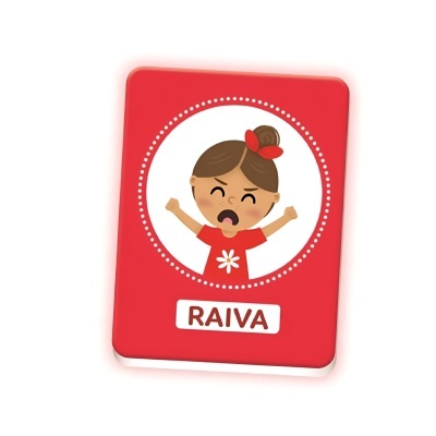 Cartão com uma criança zangada e a palavra RAIVA em vermelho