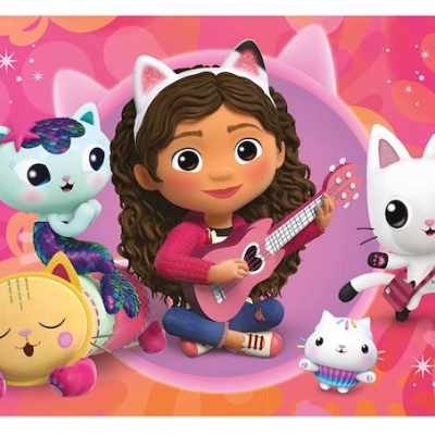 Menina com ukulele e quatro gatos animados coloridos num fundo rosa com corações.