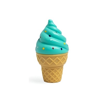 Figura em forma de gelado azul com cone castanho e pontos coloridos